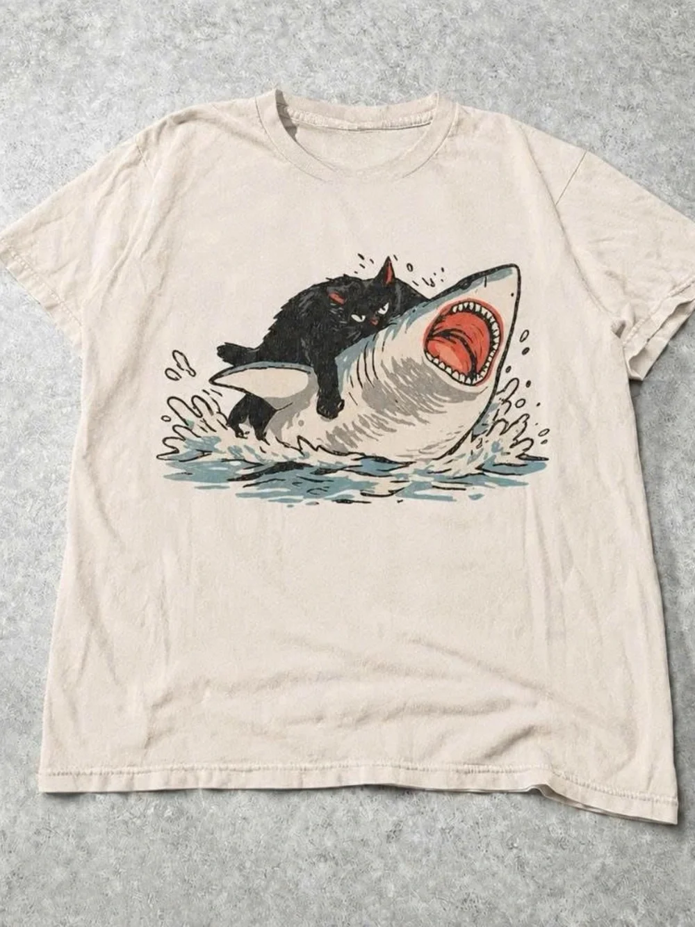 Graphic Tee with Black Cat Riding Shark - Cream